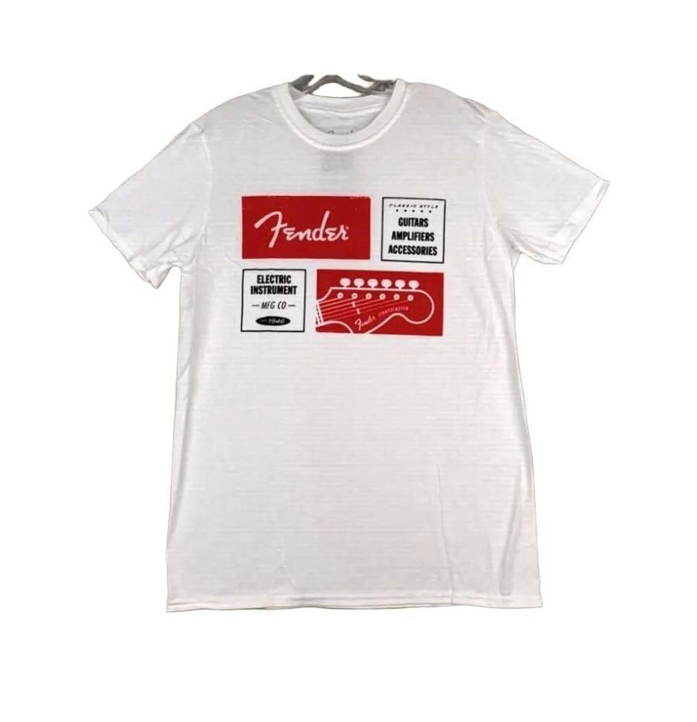 Fender Graphic T-Shirt White Vintage Stratocaster Logo Music Tee